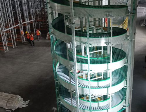 Gravity Spiral Conveyor Handling Totes in Ecommerce Fulfillment Center