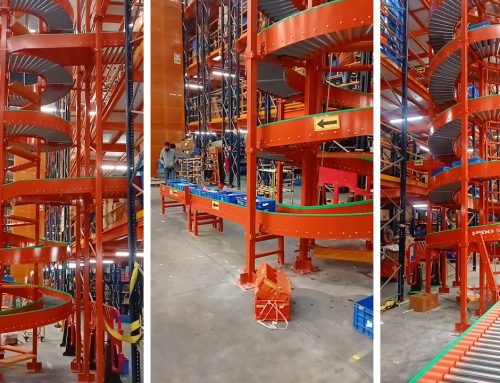 Gravity Spiral Conveyor Handling Totes in Online Food Delivery Warehouse
